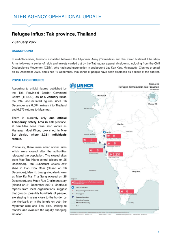 Afflux de réfugiés : province de Tak, Thaïlande - Mise à jour opérationnelle inter-agences - 7 janvier 2022